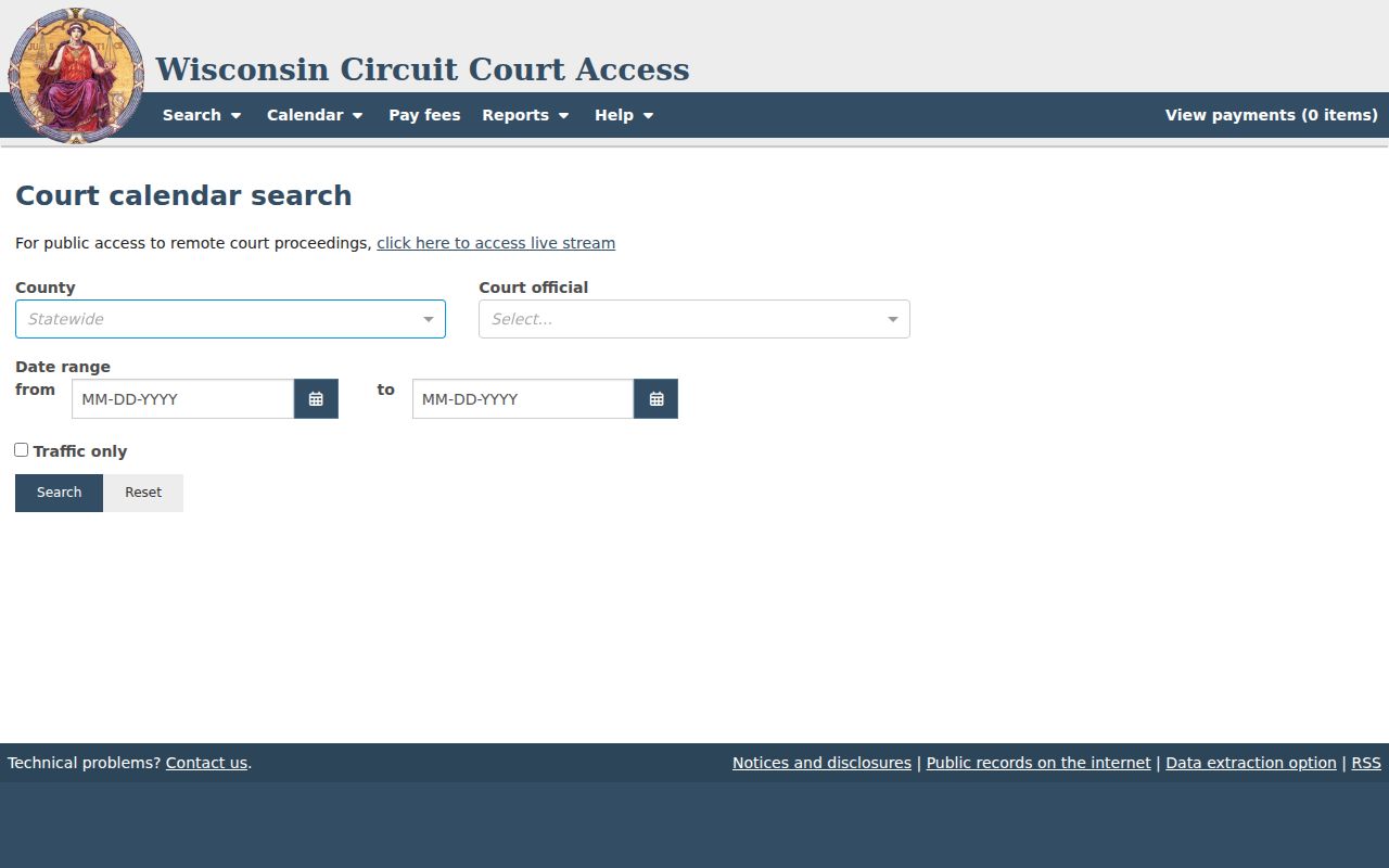 Menominee County court calendar search controls in WCCA