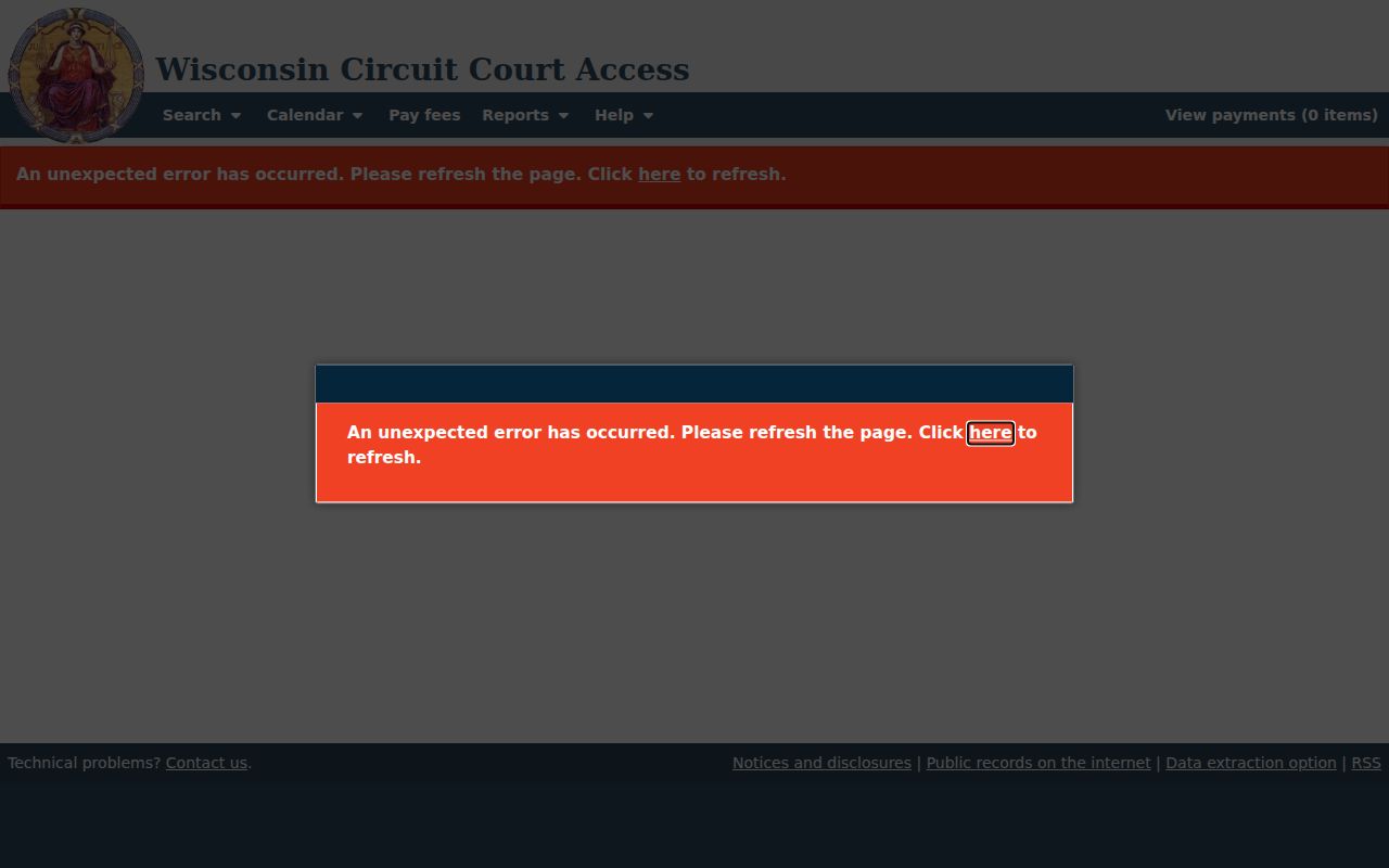 Menominee County court calendar result rows in WCCA