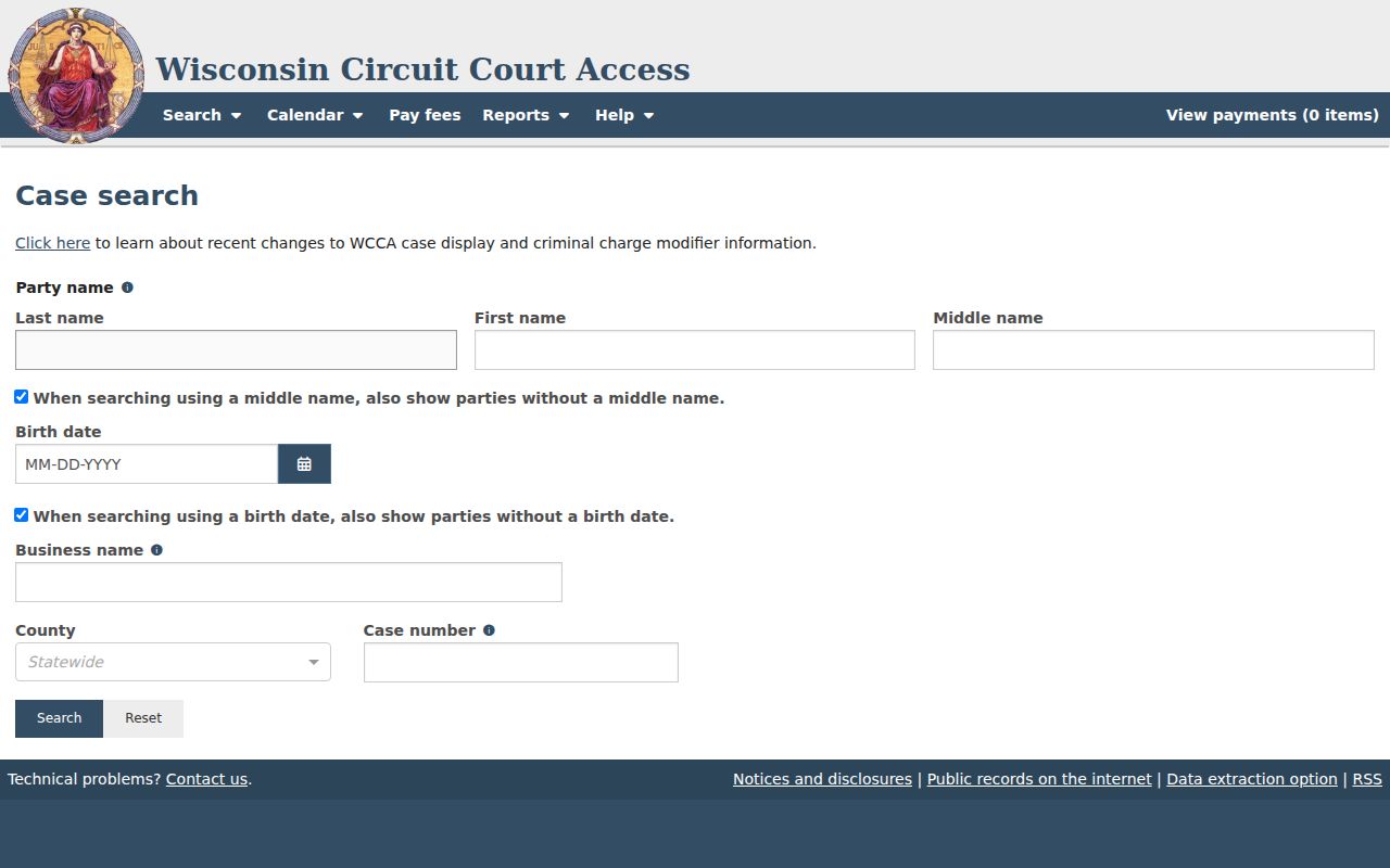 Menominee County case search result field inventory