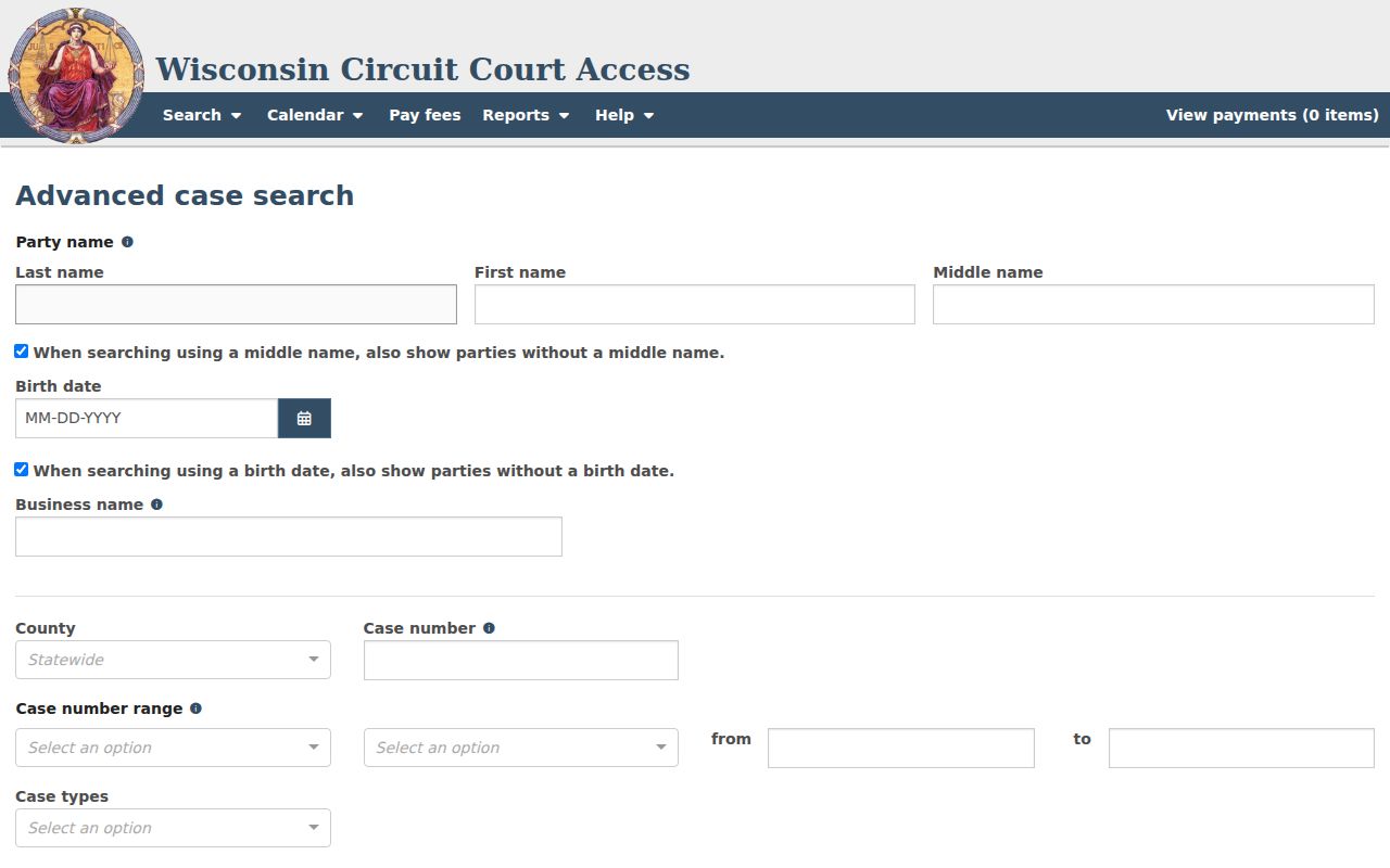 Menominee County case search advanced WCCA fields